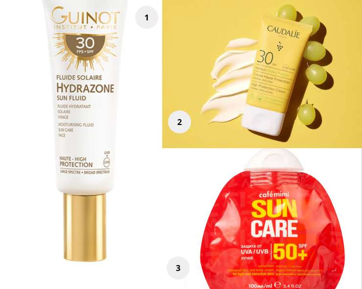1. Fluide Solaire Hydrazone SPF30, Guinot .2. Солнцезащитный крем для лица SPF30 Vinosun Protect, Caudalie. 3. Солнцезащитный водостойкий крем для лица и тела SPF50+, Cafe mimi.