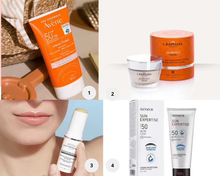 1. AVENE Intence Protect Ультра – водостойкий солнцезащитный флюид SPF50+. 2. Proactive ANTI-AGING ENERGY CORRECTING MOISTURIZER SPF15, L.RAPHAEL. 3. Солнцезащитный стик Photo Reverse, Institut Esthederm. 4. Солнцезащитный крем с СПФ50 и фильтром для защиты океана Skeyndor Sun Expertise.